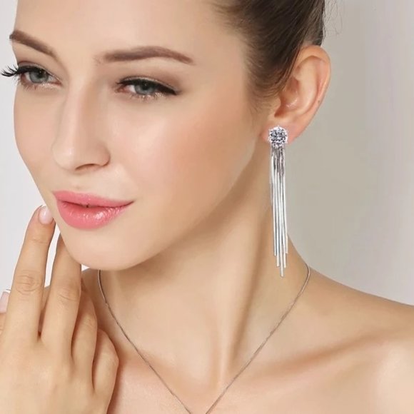 14k Gold 2ct. c.t. Lab Diamonds Long Chain Earrings Sterling Silver - Picture 8 of 11